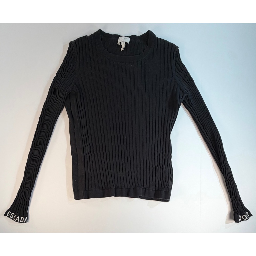 Escada Sport Black Ribbed Knit Long Sleeve Top Logo Cuffs Size M